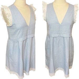 Anthropologie MAIGIE Cotton Pinstripe Eyelet Ruffle V Neck Dress Medium
